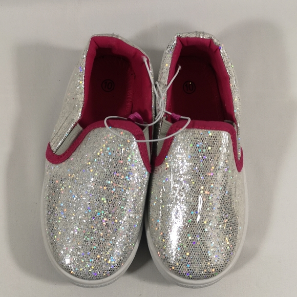 Girl's Slip-on Shoe, White and Silver Glitter with Pink. Rubber Soles, Size 10 - Picture 2 of 6